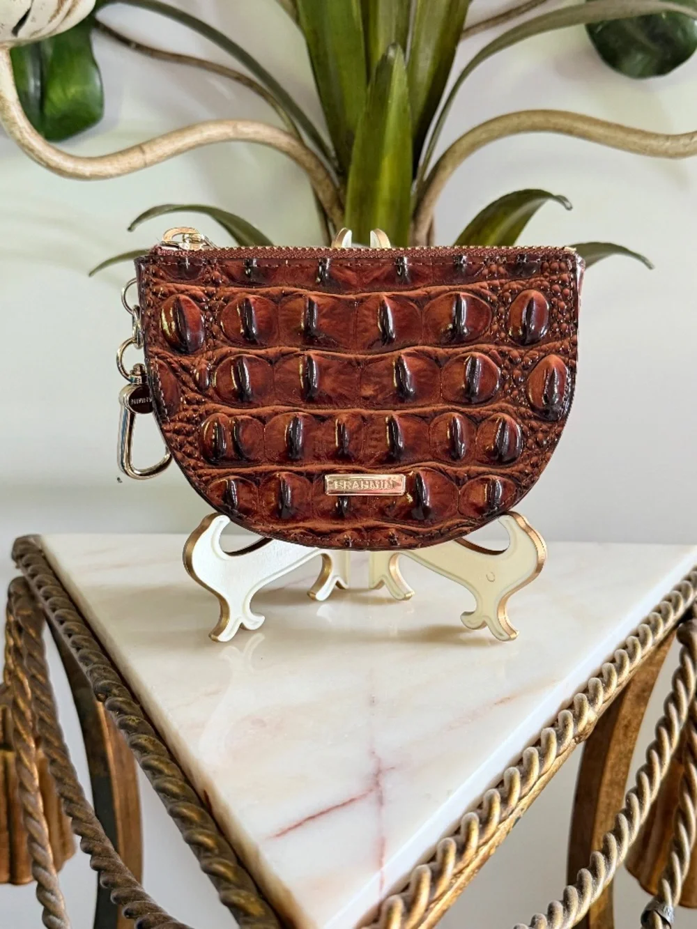 🤩 Brahmin Pecan Brown Britt Small Coin CC ID Clip On Wallet Good Preowned 🤩